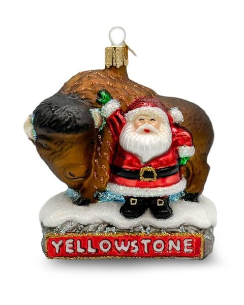 Yellowstone Santa and Bison Glass Ornament