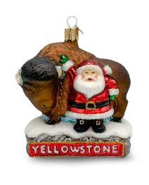 Yellowstone Santa and Bison Glass Ornament